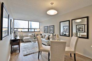 A living room with furnishings in a Villa Charities apartment for independent seniors.