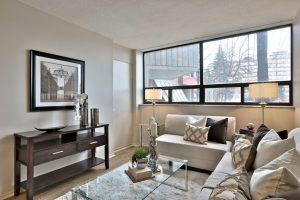 A living room with furnishings in a Villa Charities apartment for independent seniors.