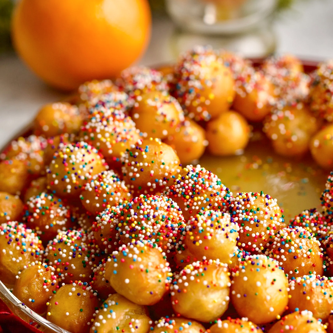 A large plate of struffoli