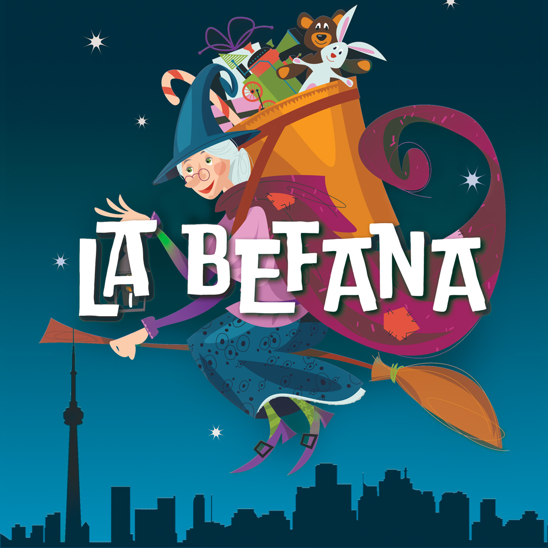 A cartoon witch with gifts flying over Toronto skyline in evening