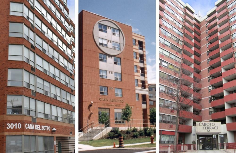 Exterior of the Casa Del Zotto, Casa Abruzzo and Caboto Terrace apartment buildings.