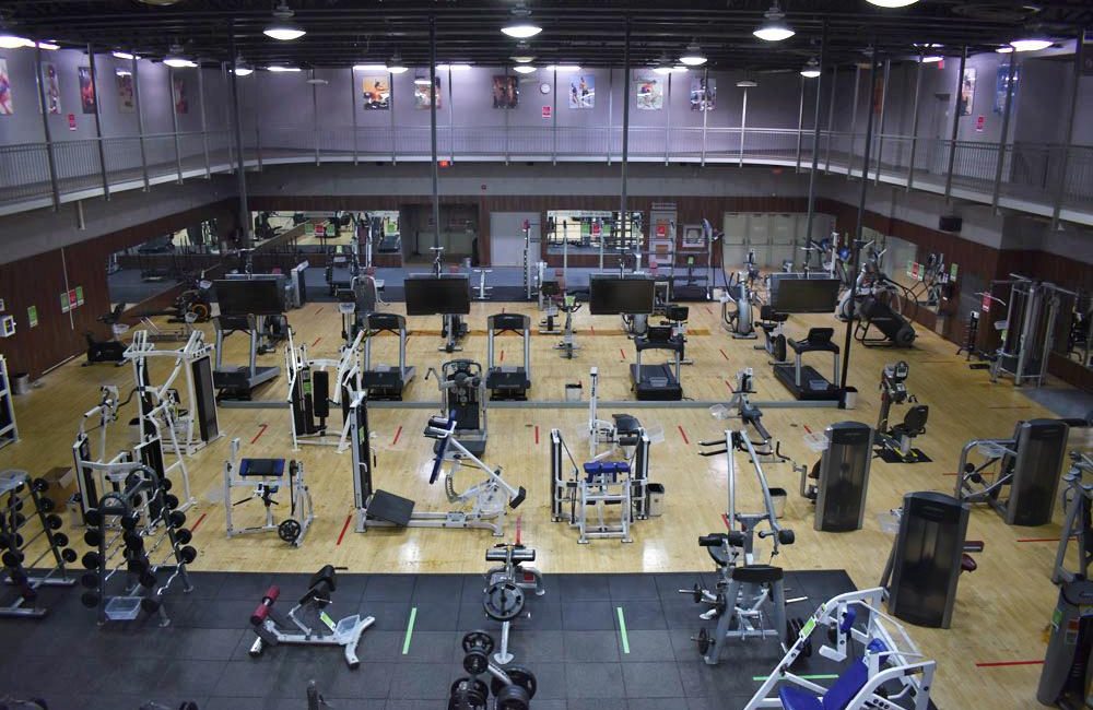 An overhead shot of the Main Gym at Columbus Centre Athletic Club showing fitness equipment.